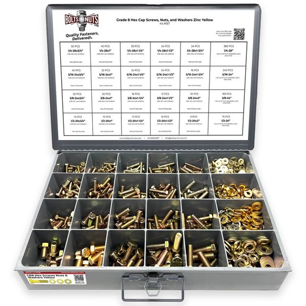 Boltsandnuts.Com Grade 8 Hex Cap Scrws, Hex Nuts, Flat & Lock Wshrs Zinc Yellow 1/4in, 5/16in 3/8in, &1/2in -1269PCS Assortment Kit #157 - main